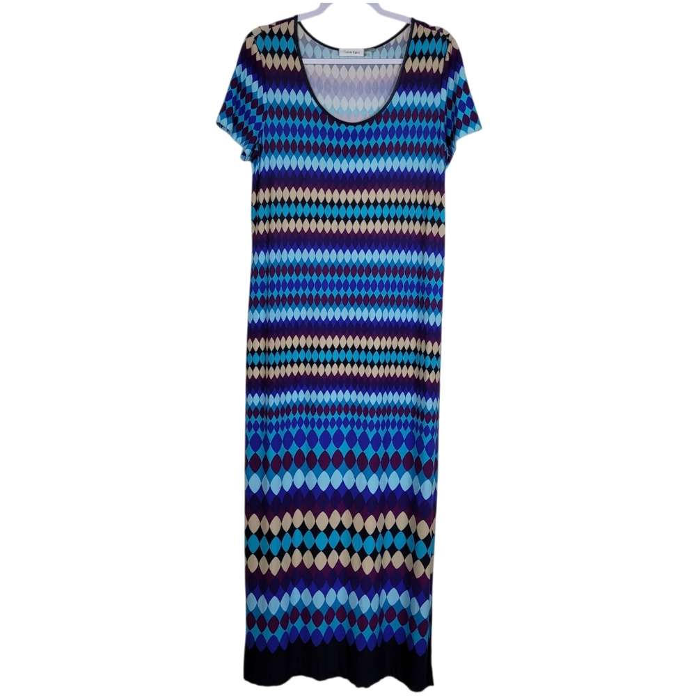Calvin Klein Women's Dress Maxi Geometric Print Stretch Short Sleeve Size 12